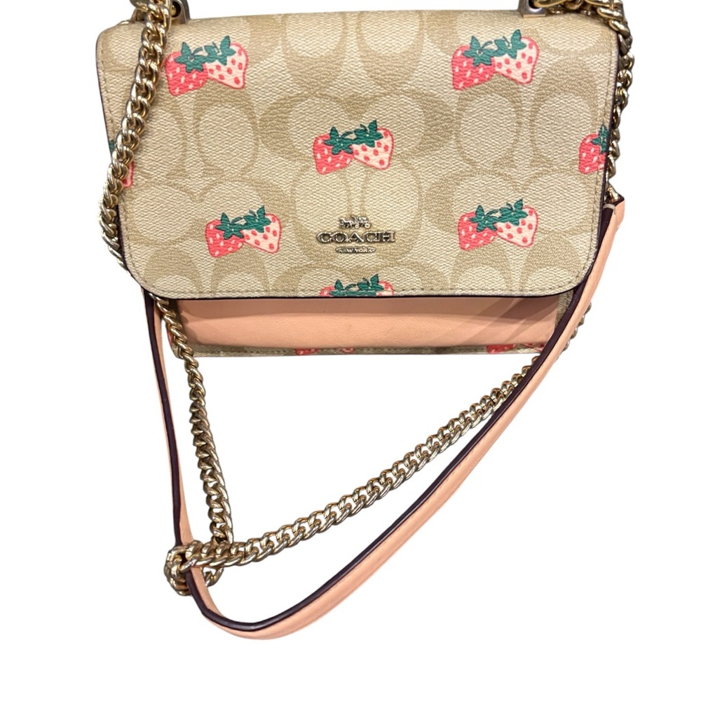 Coach Beige Signature Canvas Crossbody with Pink Strawberry Print
